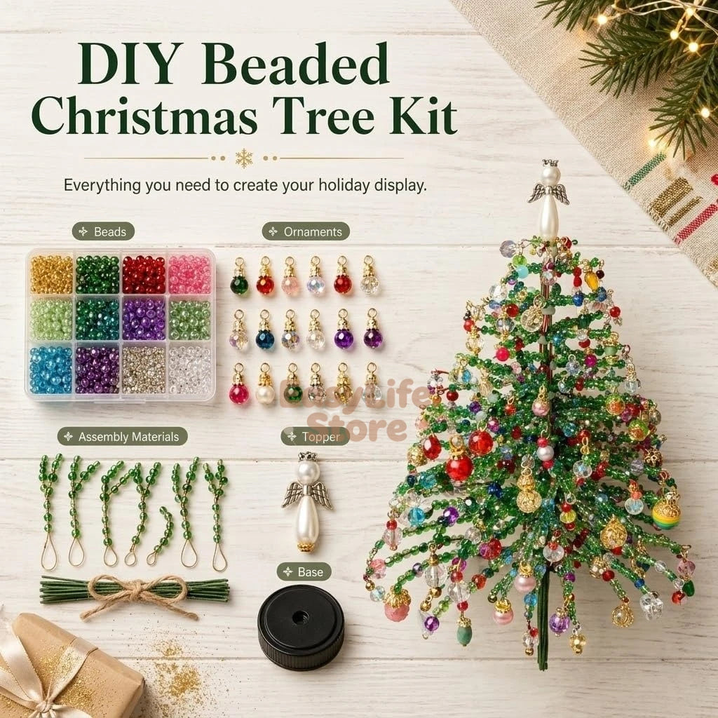 DIY-perlesett til juletre med perler, ornamenter og monteringsdeler for julepynt.