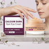 A hand applies Calcium Dark Spot Eye Cream to a woman's eye area, showing the product packaging and jar.