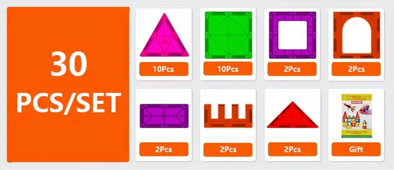 A display of various magnetic building blocks sets, including triangles, squares, and other geometric shapes.