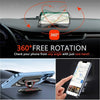 A magnetic 360° rotating car dashboard phone mount is shown in use, allowing a phone to be viewed from any angle.