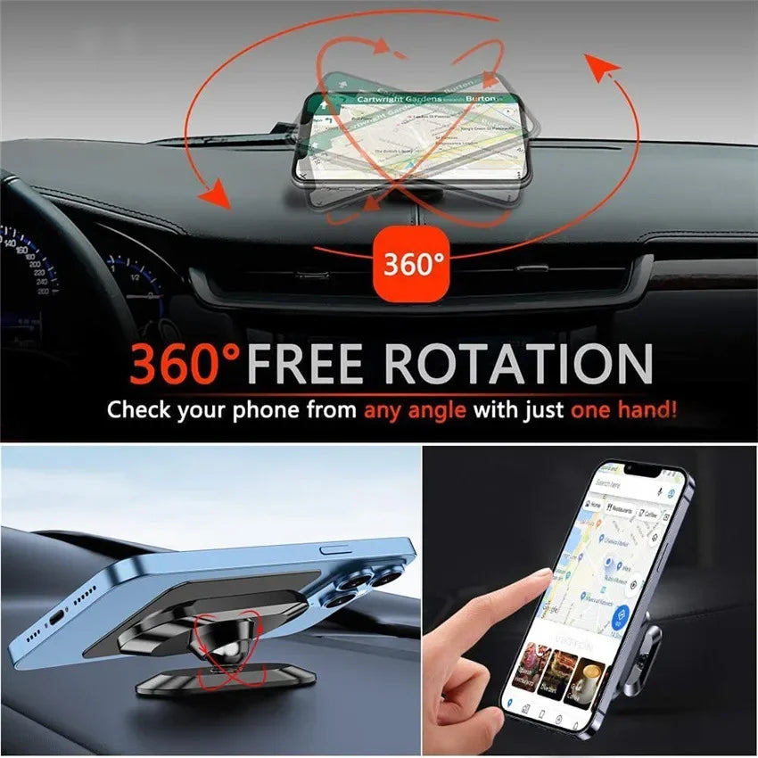 A magnetic 360° rotating car dashboard phone mount is shown in use, allowing a phone to be viewed from any angle.