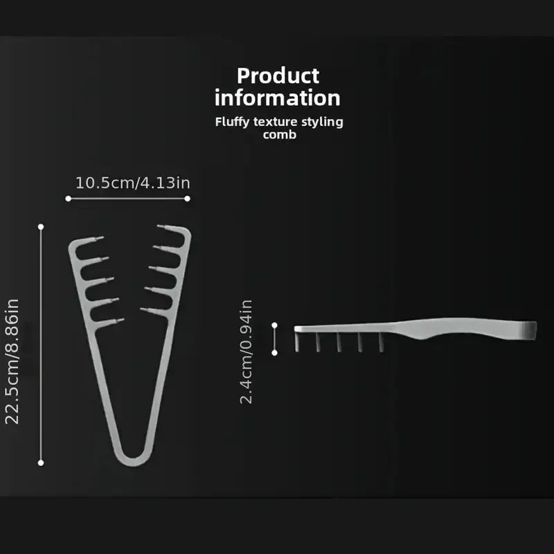 A silver fluffy texture styling comb shown with dimensions and a separate view of the comb.