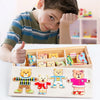 A wooden puzzle featuring bear figures in various outfits and poses for children.