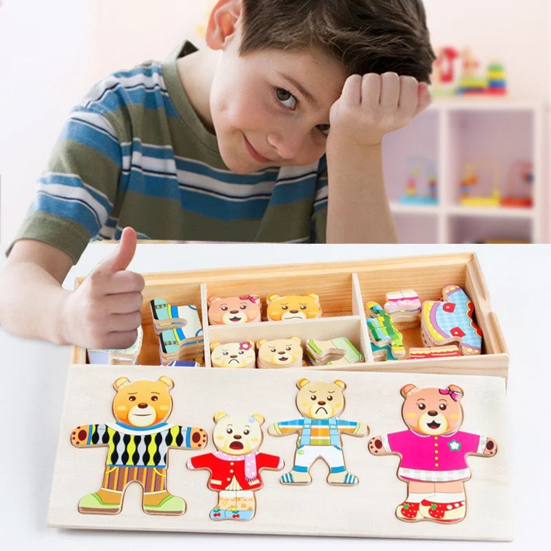 A wooden puzzle featuring bear figures in various outfits and poses for children.
