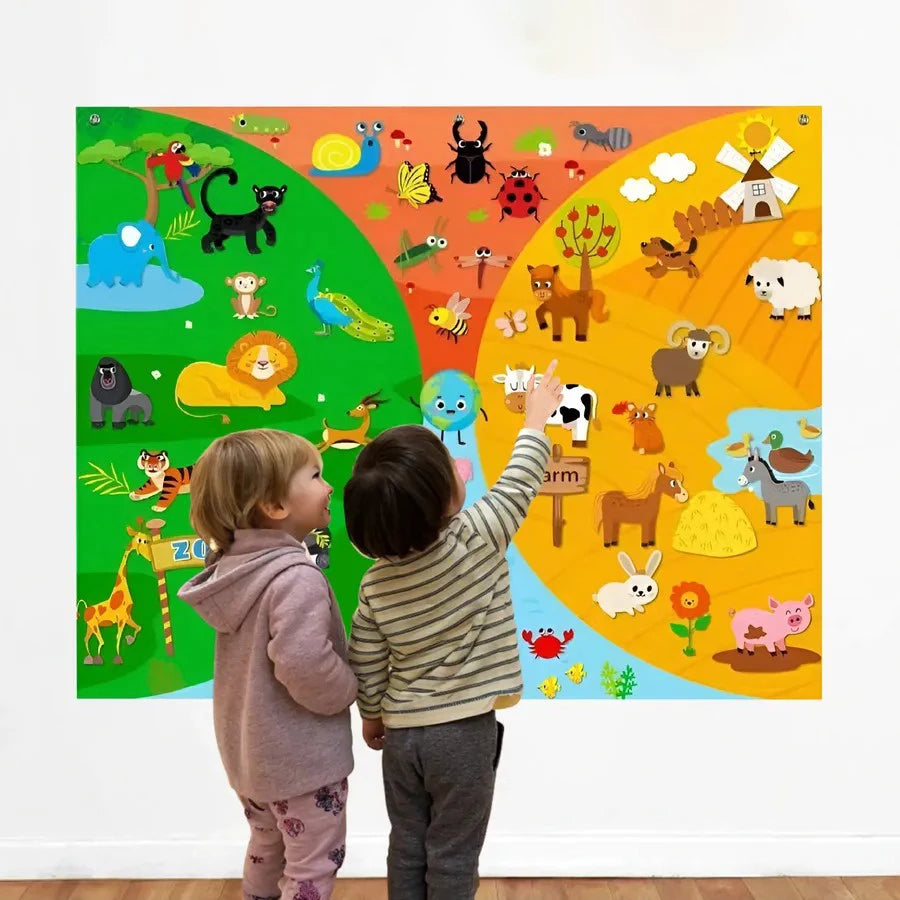 A colorful felt story board depicting various zoo animals like lions, monkeys, elephants, and birds on a green background.