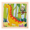 A wooden jigsaw puzzle featuring a yellow dinosaur and an owl in a green jungle setting.