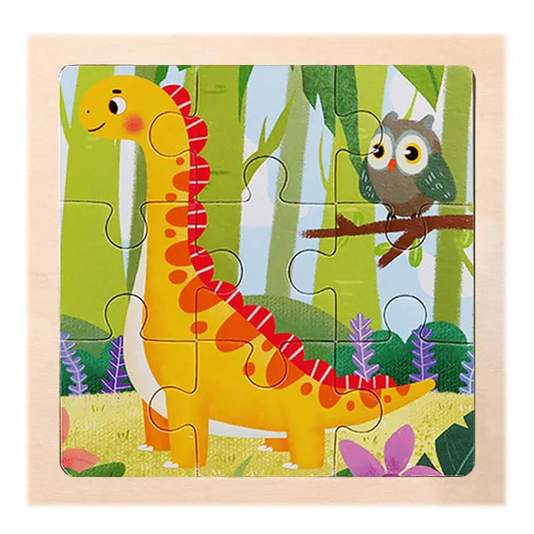 A wooden jigsaw puzzle featuring a yellow dinosaur and an owl in a green jungle setting.