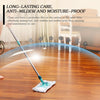 A mop is cleaning a wooden floor, demonstrating long-lasting care, anti-mildew, and moisture-proof features.