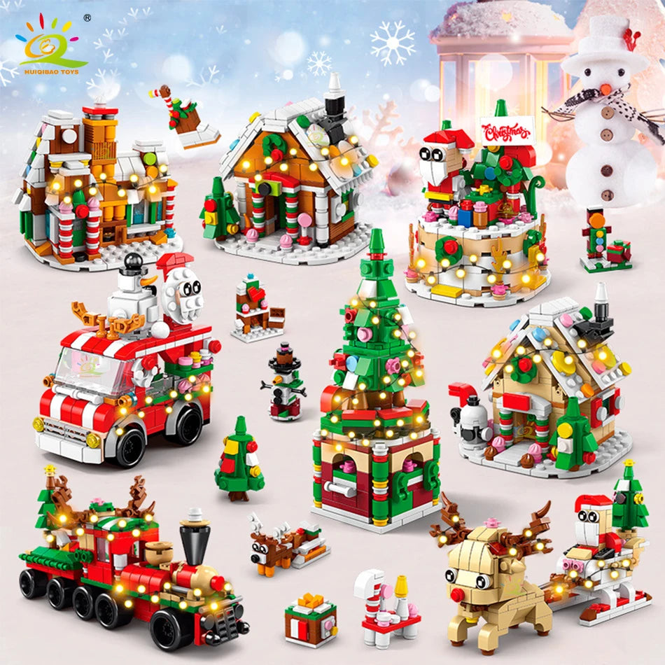 A set of Christmas building blocks featuring a snow house, Santa, deer, and various festive elements.