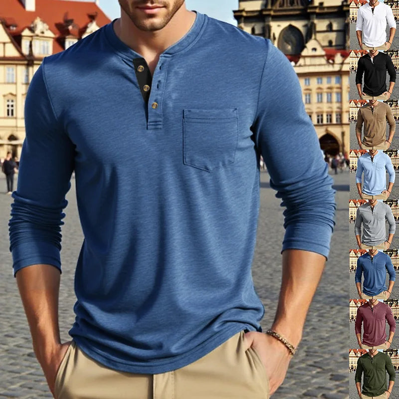 A man models a blue long-sleeve casual shirt with a chest pocket and tan pants.