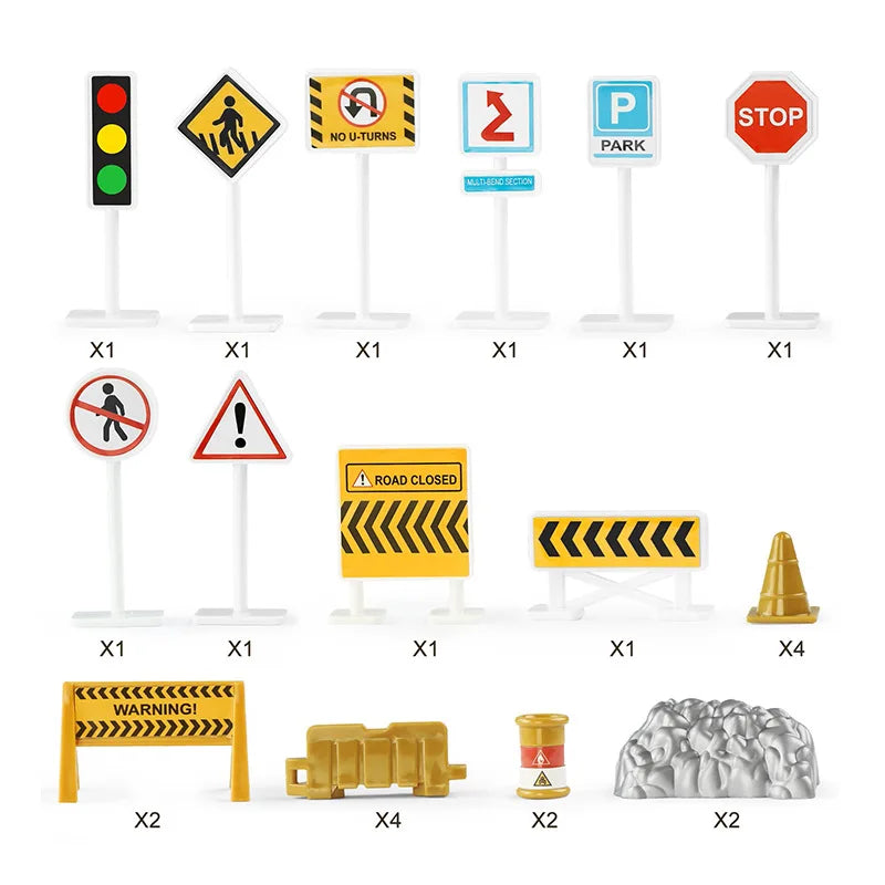 A set of ten construction signs and yellow warning barriers including traffic lights, stop signs, and road closed markers.
