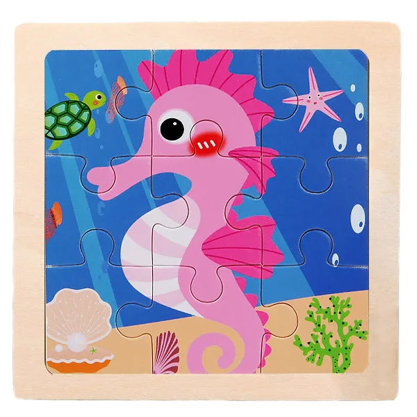 A wooden jigsaw puzzle featuring a pink, stylized dinosaur or sea creature in various shades of pink and purple against a blu