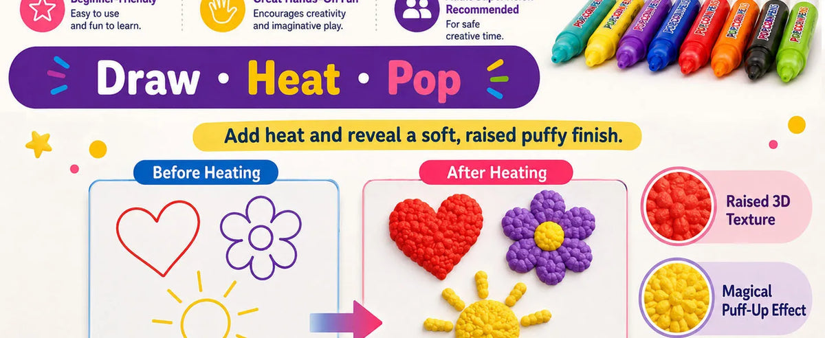 Drawing tool showing a before and after comparison of heat application resulting in a soft, raised puffy finish.