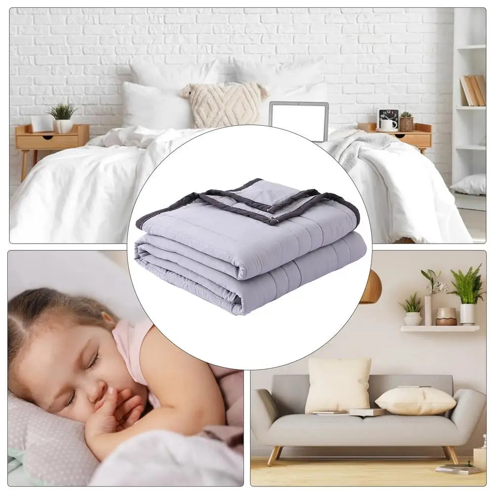 A stack of light purple breathable cooling throw blankets on a bed with a sleeping child.