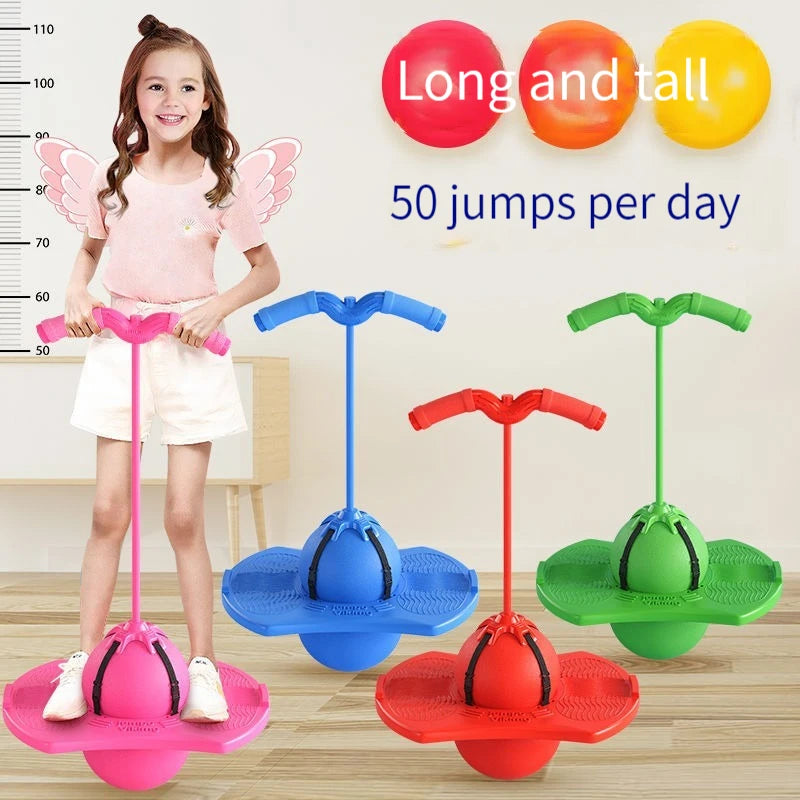 A girl is demonstrating a frog jump bouncing ball for balance and agility training with various colored balls.