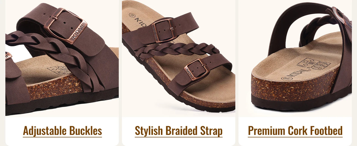 Brown women's slide sandals featuring adjustable buckles, a stylish braided strap, and a premium cork footbed.