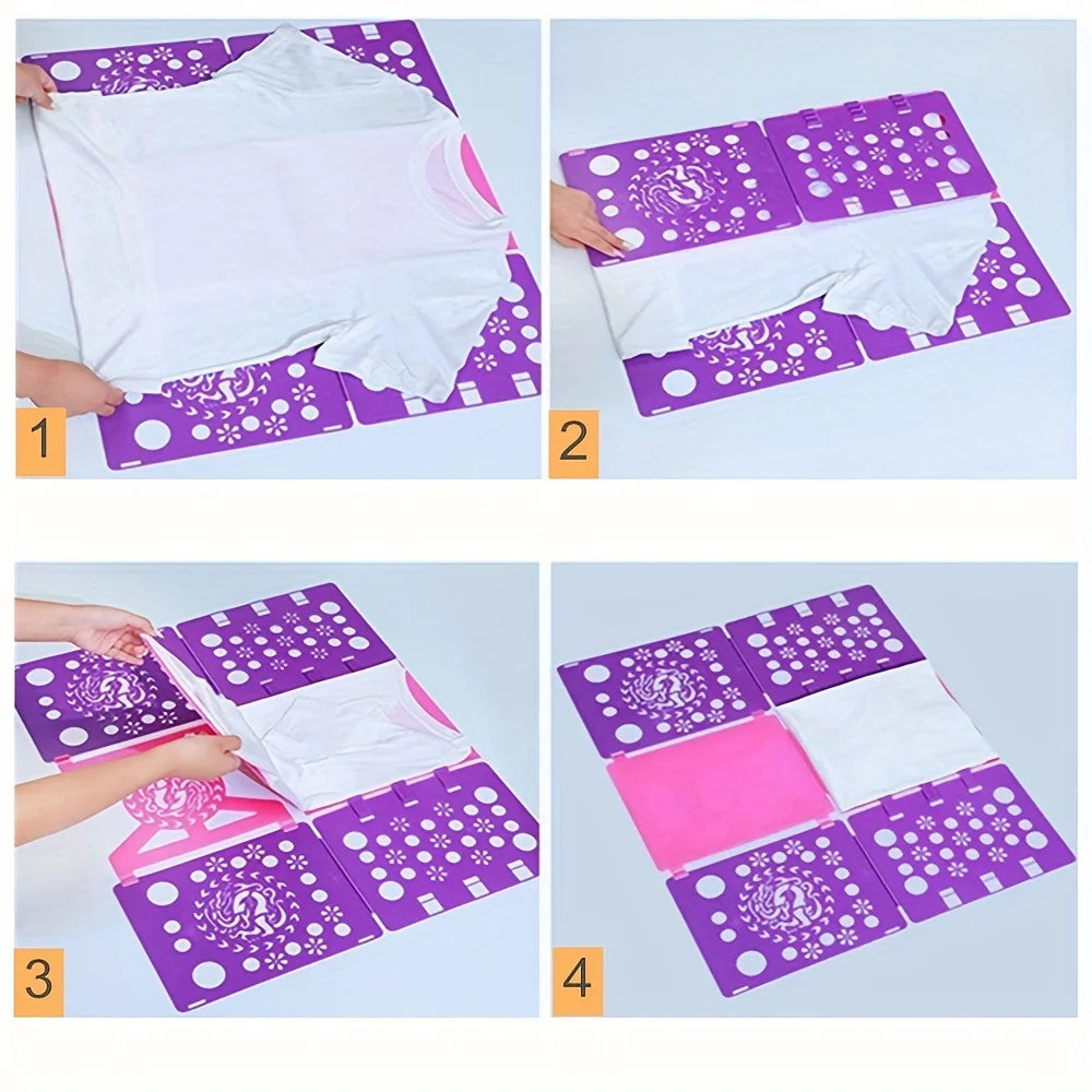 Four images showing a clothes folding board used to organize and fold laundry.
