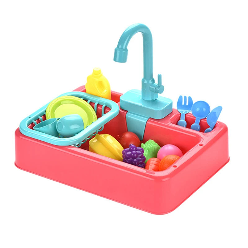 A pink pretend play kitchen sink set featuring a blue faucet and various colorful plastic food items.