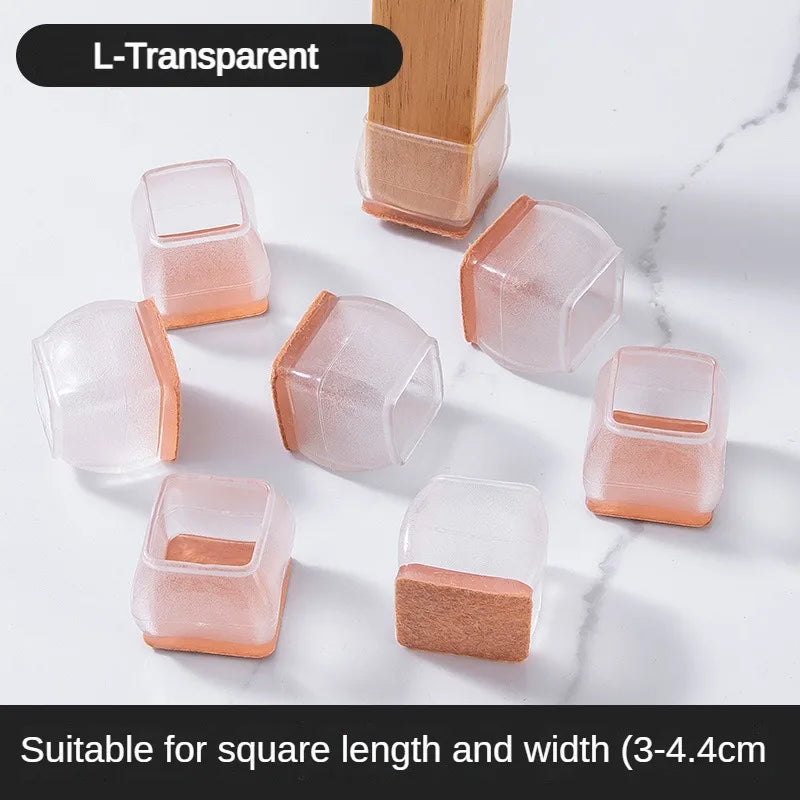 L-transparent silicone furniture leg pads with felt bottoms for scratch protection, suitable for square dimensions.