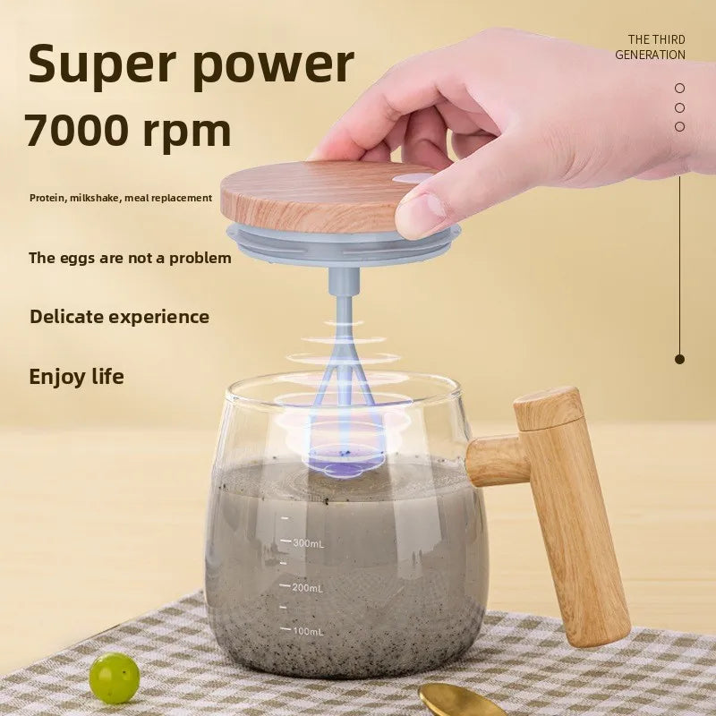 A hand is stirring a dark liquid in a glass mug with a wooden handle, demonstrating the super power 7000 rpm self-stirring fu