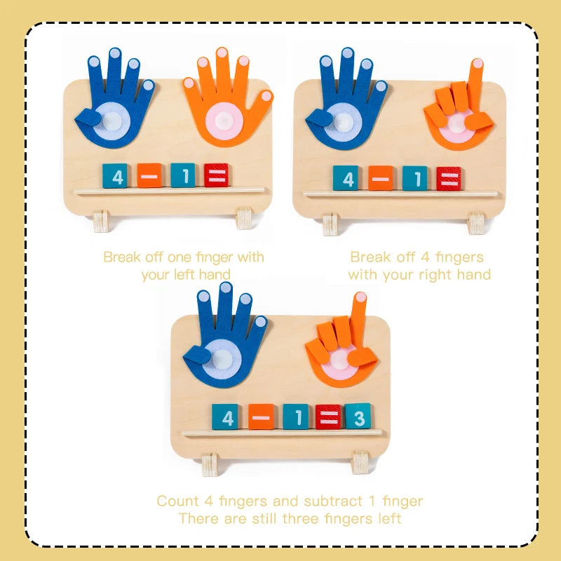 Wooden finger counting toy showing operations like subtraction and addition with fingers