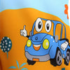 Blue cartoon car design on an orange background for boys' quick-dry swim trunks