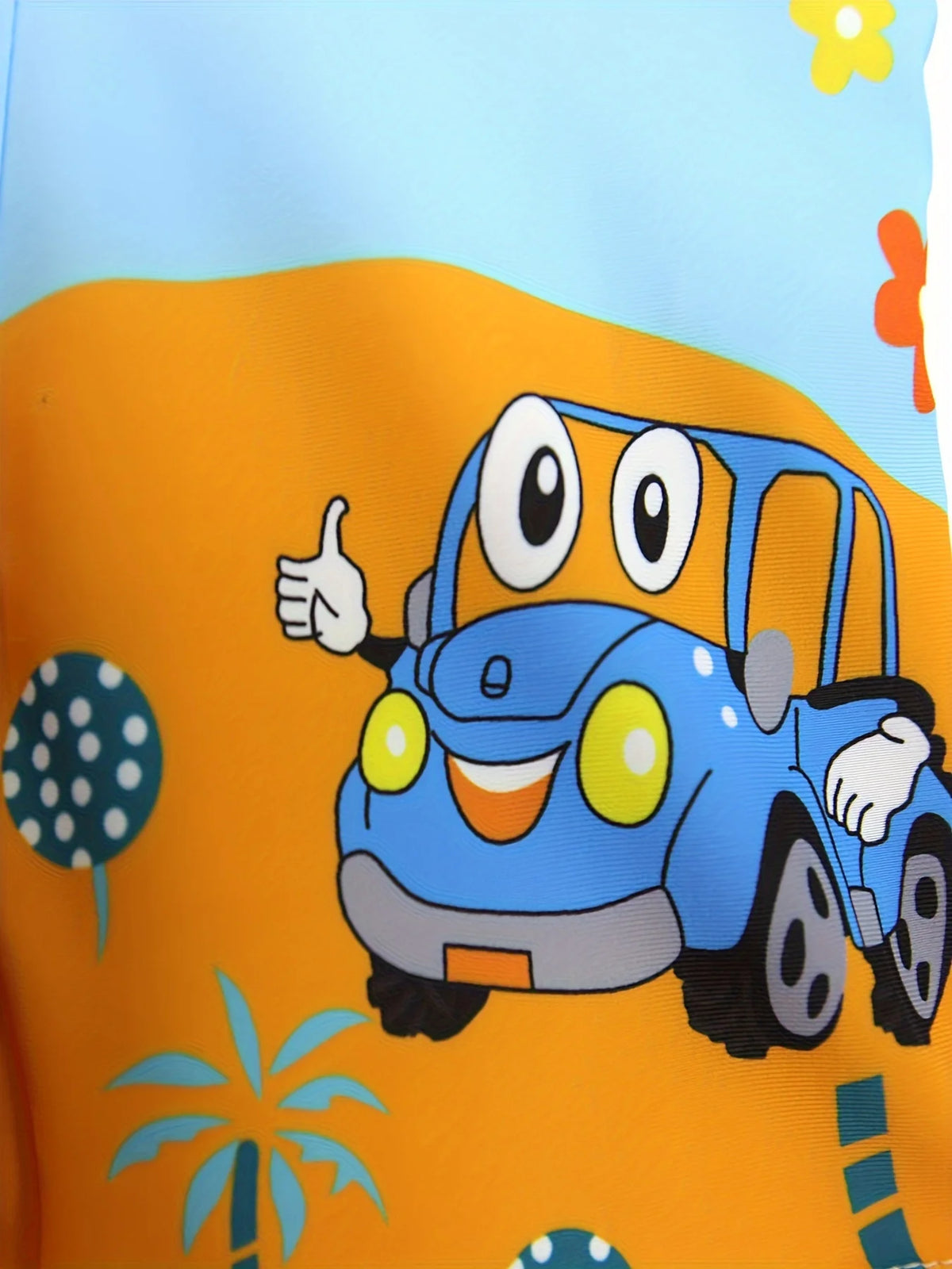 Blue cartoon car design on an orange background for boys' quick-dry swim trunks