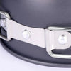Silver and lime green ultralight camping cookware mess kit with a strap