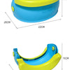 A yellow and blue foldable travel potty for kids with waste bags shown in side view.
