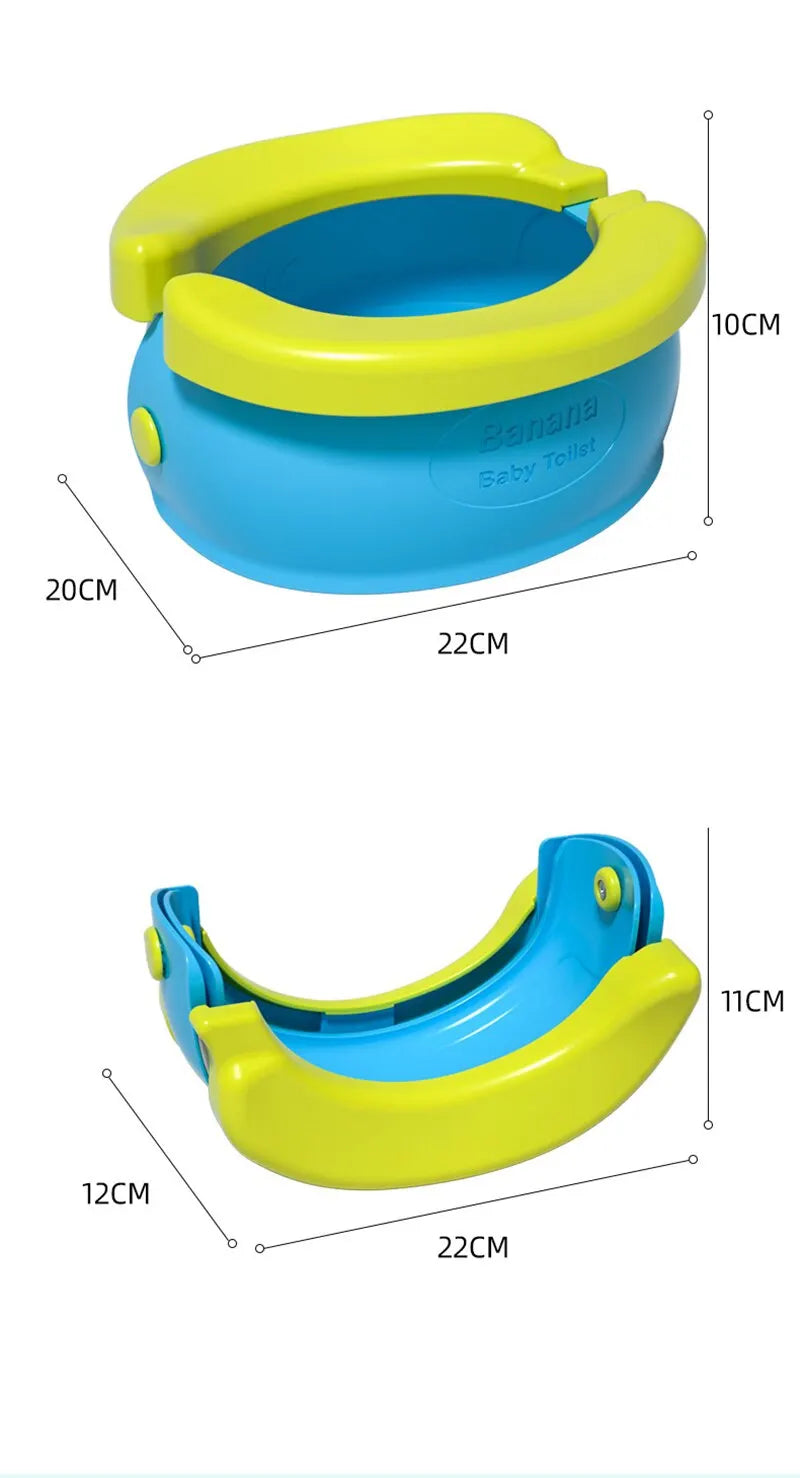 A yellow and blue foldable travel potty for kids with waste bags shown in side view.