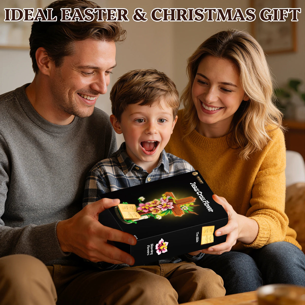 A family is shown holding a box of the Faithful Blooms Jesus Cross Flower building set for Easter and Christmas gifts.