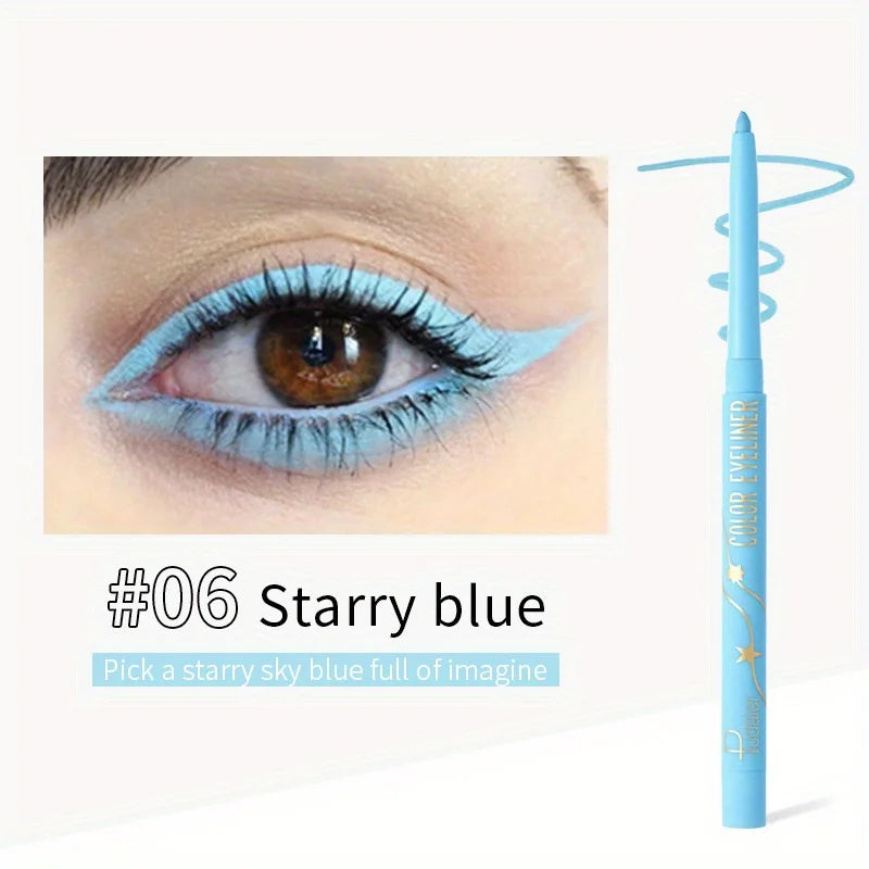 Lápiz delineador de gel mate azul waterproof Starry, con punta azul y ojo de mujer demostrando el tono.