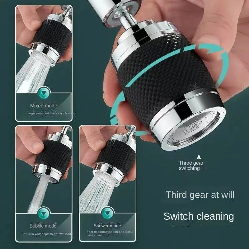 A hand demonstrates a 3-mode rotating faucet adapter with various shower modes including mixed, bubble, and shower.