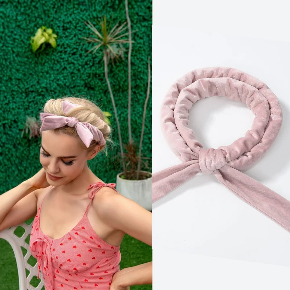 A pink velvet heatless curling rod headband tied in a bow, shown next to a woman wearing it.
