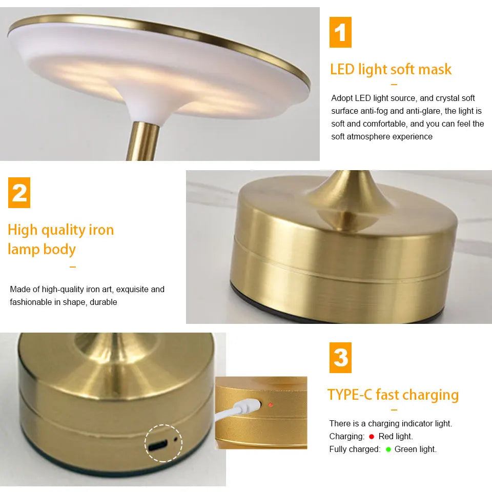 A three-part image showing a LED light soft mask lamp with a brass body, a high quality iron lamp body, and a charging indica