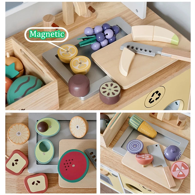 A wooden pretend play food cutting set with various colored and shaped pieces for kids.