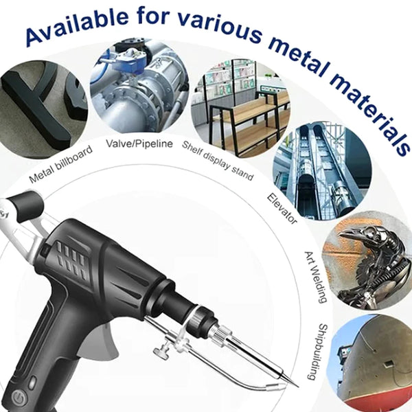 A black multifunctional laser welding gun is shown with various metal materials and tools surrounding it.