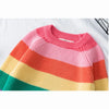 A girls' rainbow striped knit sweater featuring horizontal stripes of pink, orange, yellow, and green.