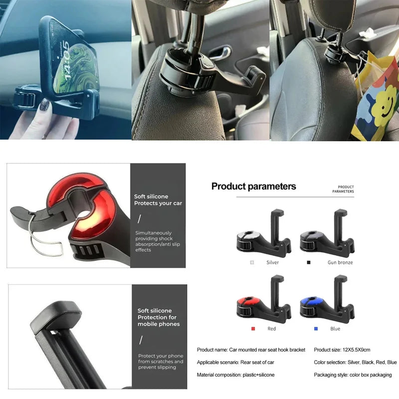 Gancho para reposacabezas de auto y soporte para teléfono, en varios ángulos y colores como plata, gu