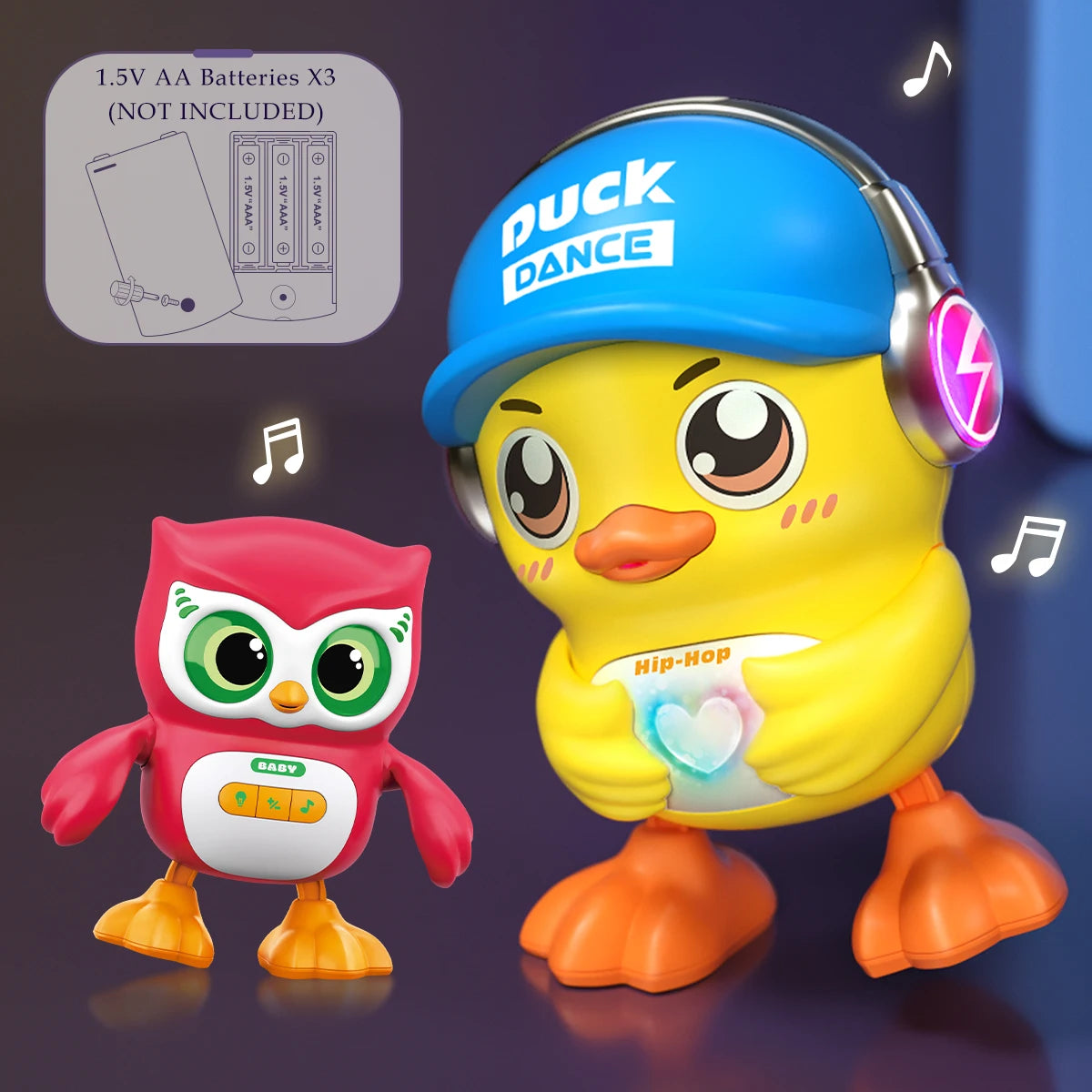 A yellow duck toy wearing a blue helmet, next to a pink owl toy. Batteries are not included.