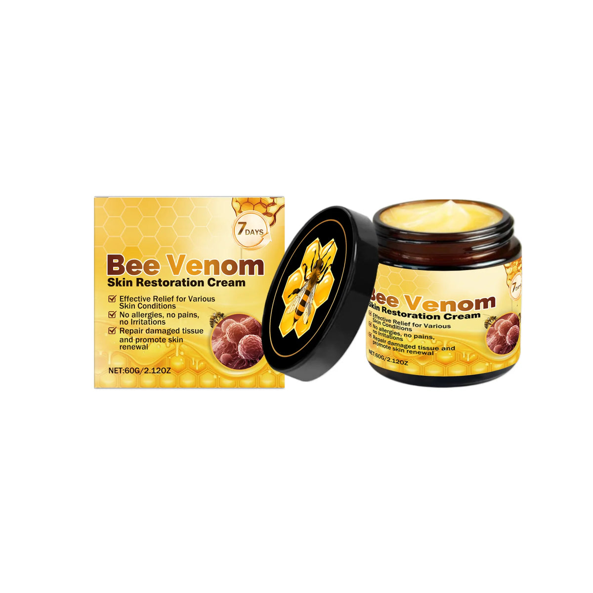 Jar of Bee Venom Skin Restoration Cream with packaging and a box showing 7 days