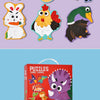 A box of large chunk puzzles featuring various animal characters like a panda, fox, tiger, and frog.