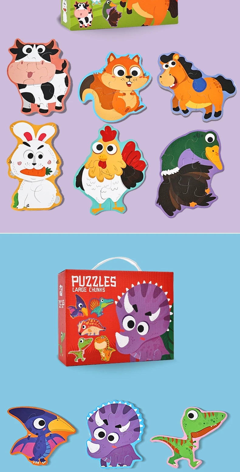 A box of large chunk puzzles featuring various animal characters like a panda, fox, tiger, and frog.