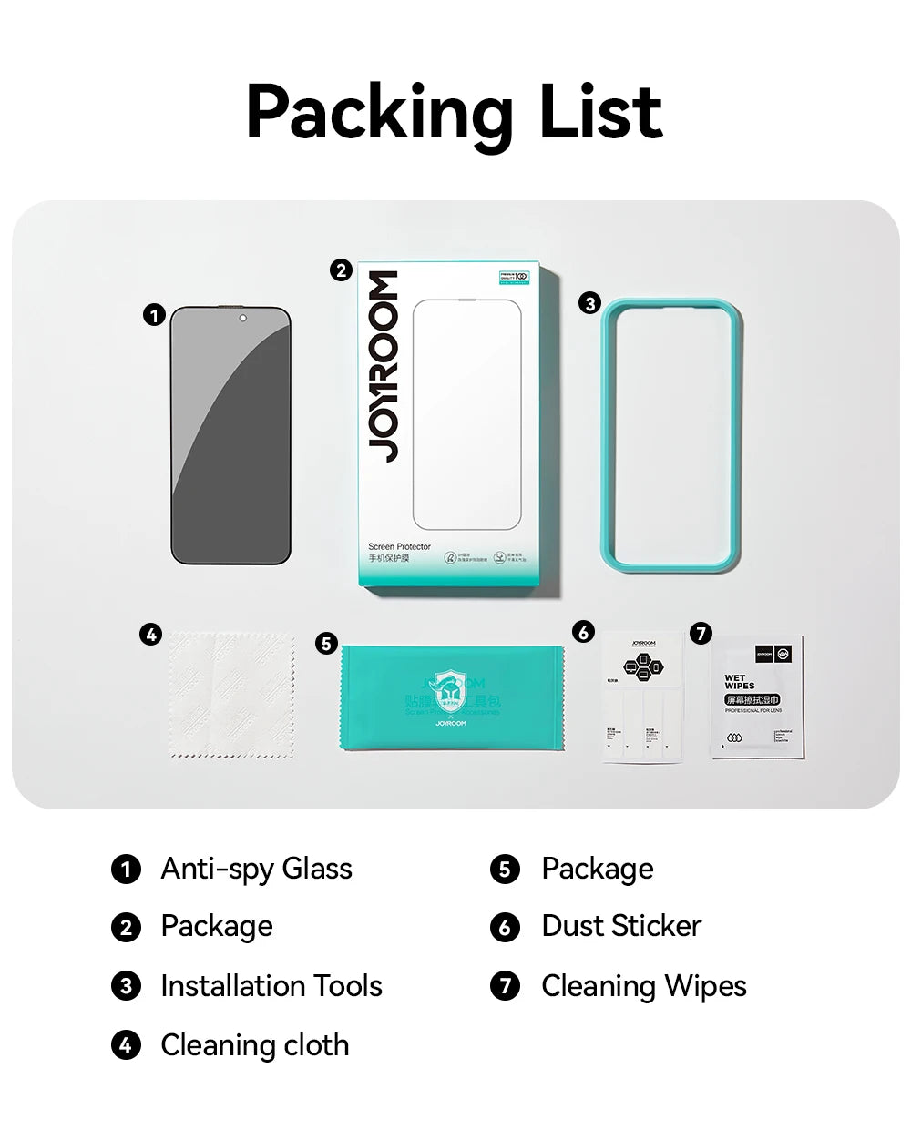 Lista de empaque para kit protector de privacidad: vidrio, paquete, herramientas, paño, pegatina y toallitas.