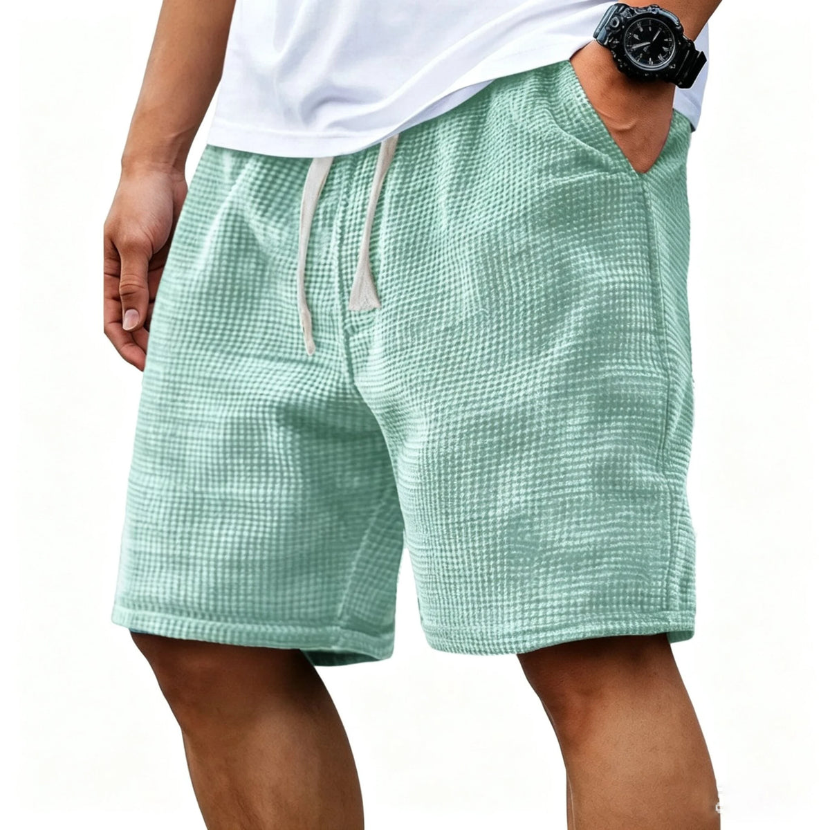 Pantalones cortos casuales para hombre, color verde menta claro, con textura waffle y cordón ajustable