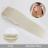 A long, straight, blonde hair piece is shown next to a circular view of the 2clip side hair piece.