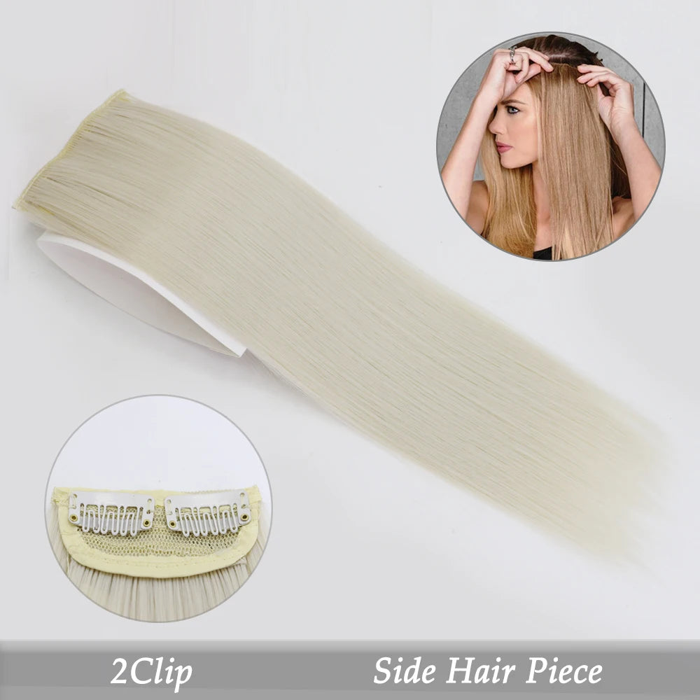 A long, straight, blonde hair piece is shown next to a circular view of the 2clip side hair piece.