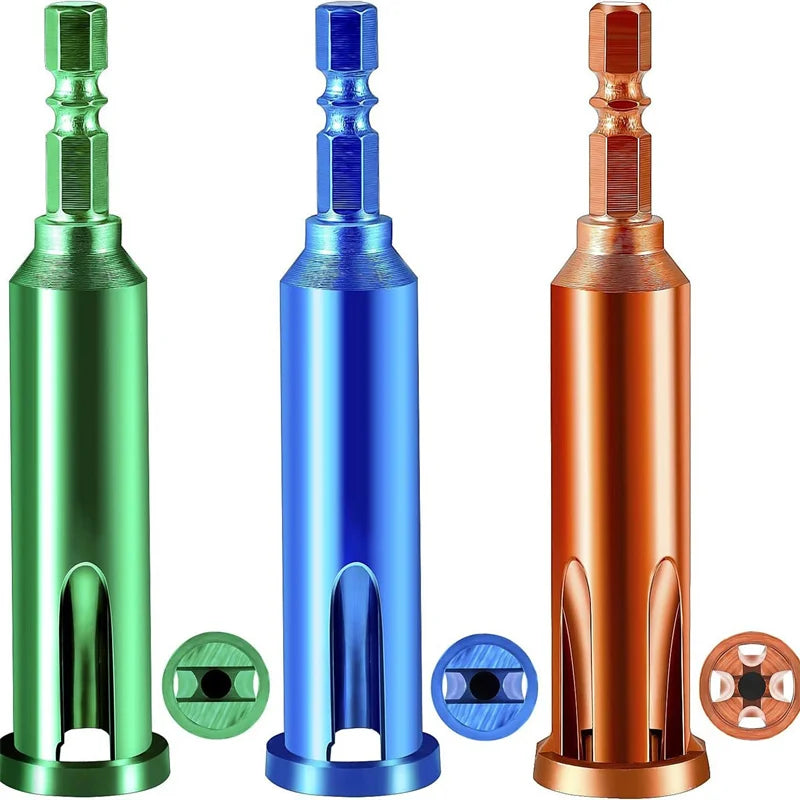 A set of three metal wire twisting and stripping tools in green, blue, and copper finishes.