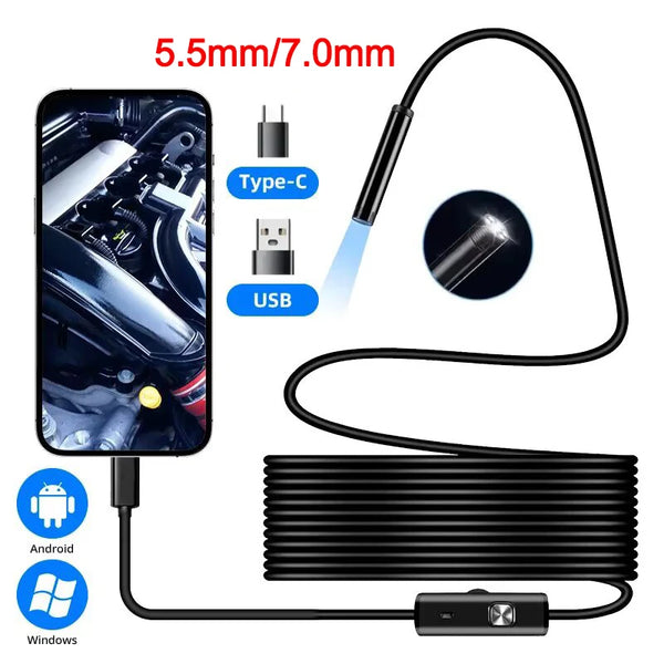 Flexible Type-C endoscope camera with adjustable LEDs and cables for Android and Windows devices