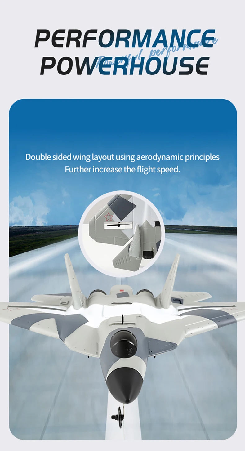 Close-up view of a white and gray SU-35 remote control fighter plane model showcasing its aerodynamic wing layout.